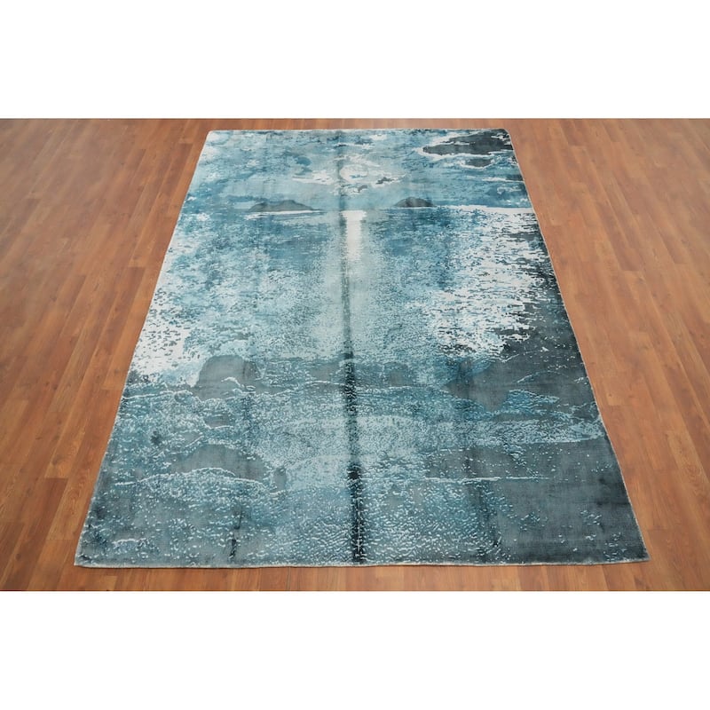 Hand Knotted Oriental Viscose Silk Carpet Modern Pictorial Navy Blue & Blues Abstract Area Rug - 7' 10'' X 5' 7''