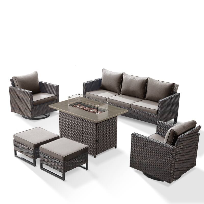 Outdoor Sofa 2 Swivel Chairs Ottomans and Fire Pit Table