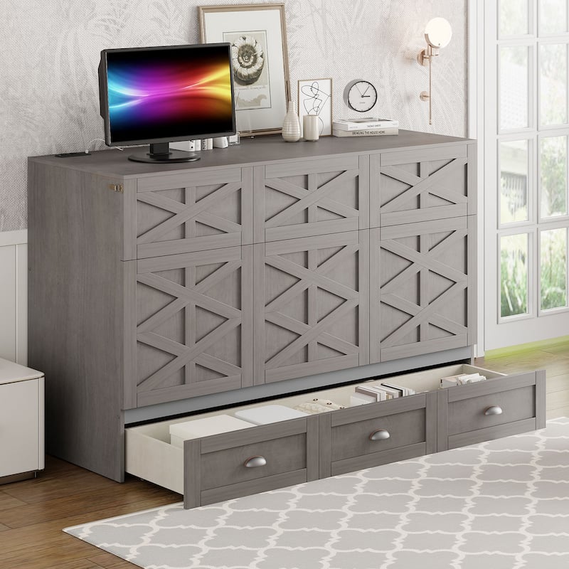 Queen Size Murphy Bed with Large Drawers - Brushed White Finish