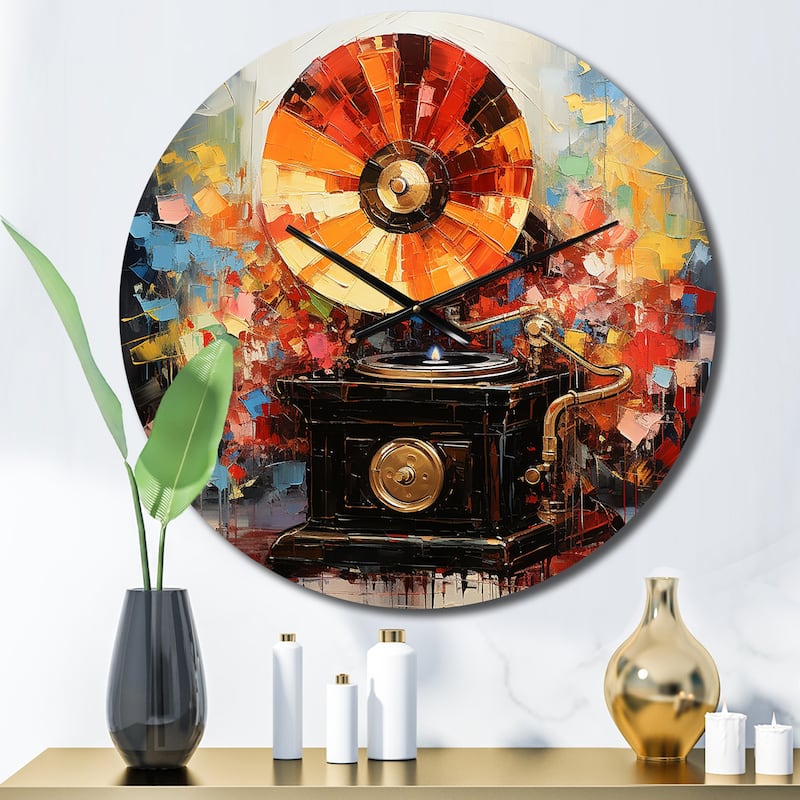 Designart "Colorful Phonograph Collage" Music Oversized Wall Clock - 23 In. Wide x 23 In. High
