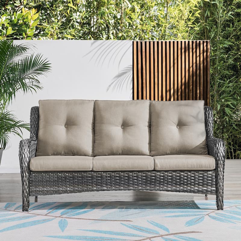 Pocassy Patio Outdoor 3-Seat Sofa with Cushion - Grey - Grey