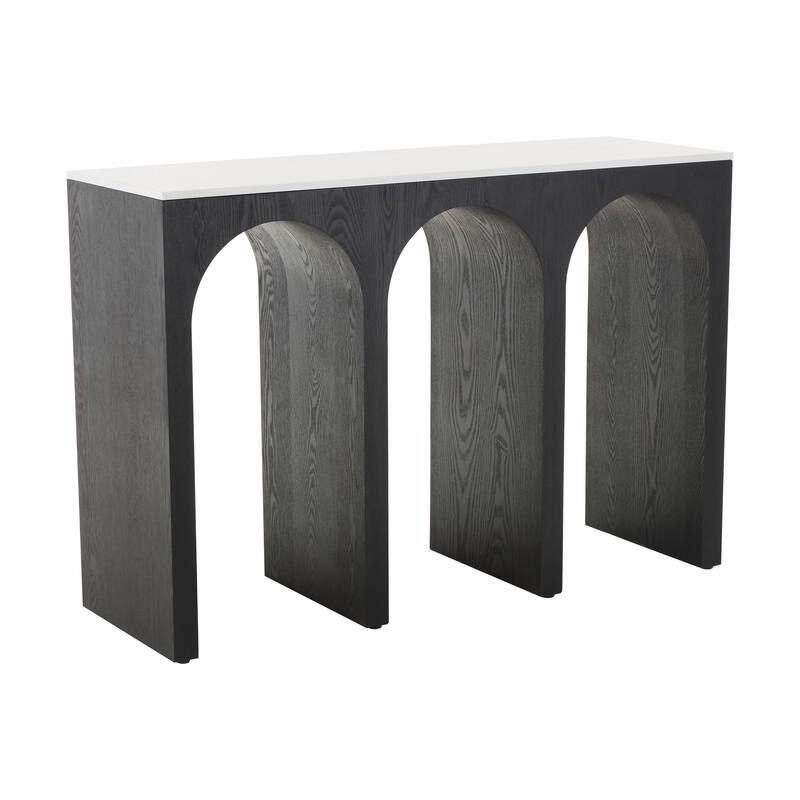 Black Wood Art Deco Arched Cutout Living Room Console Table with White Marble Tabletop