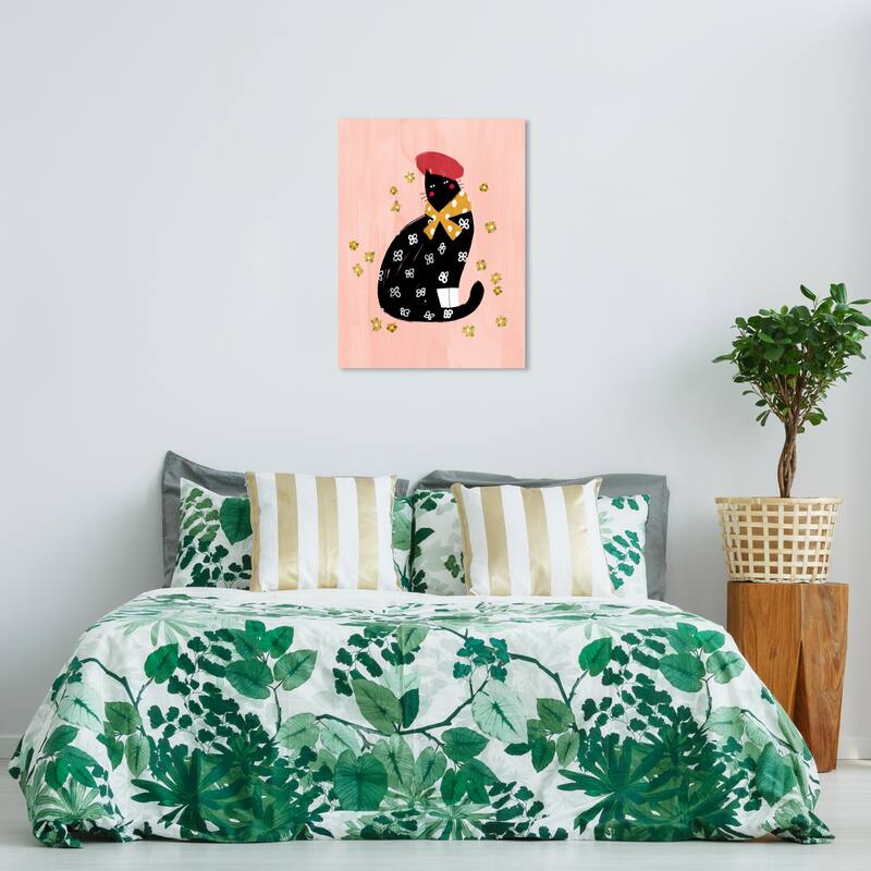 Wynwood Studio Canvas Animals Beret Flower Cat Black and Light Pink Modern & Contemporary Wall Art Canvas Print - 36 x 24