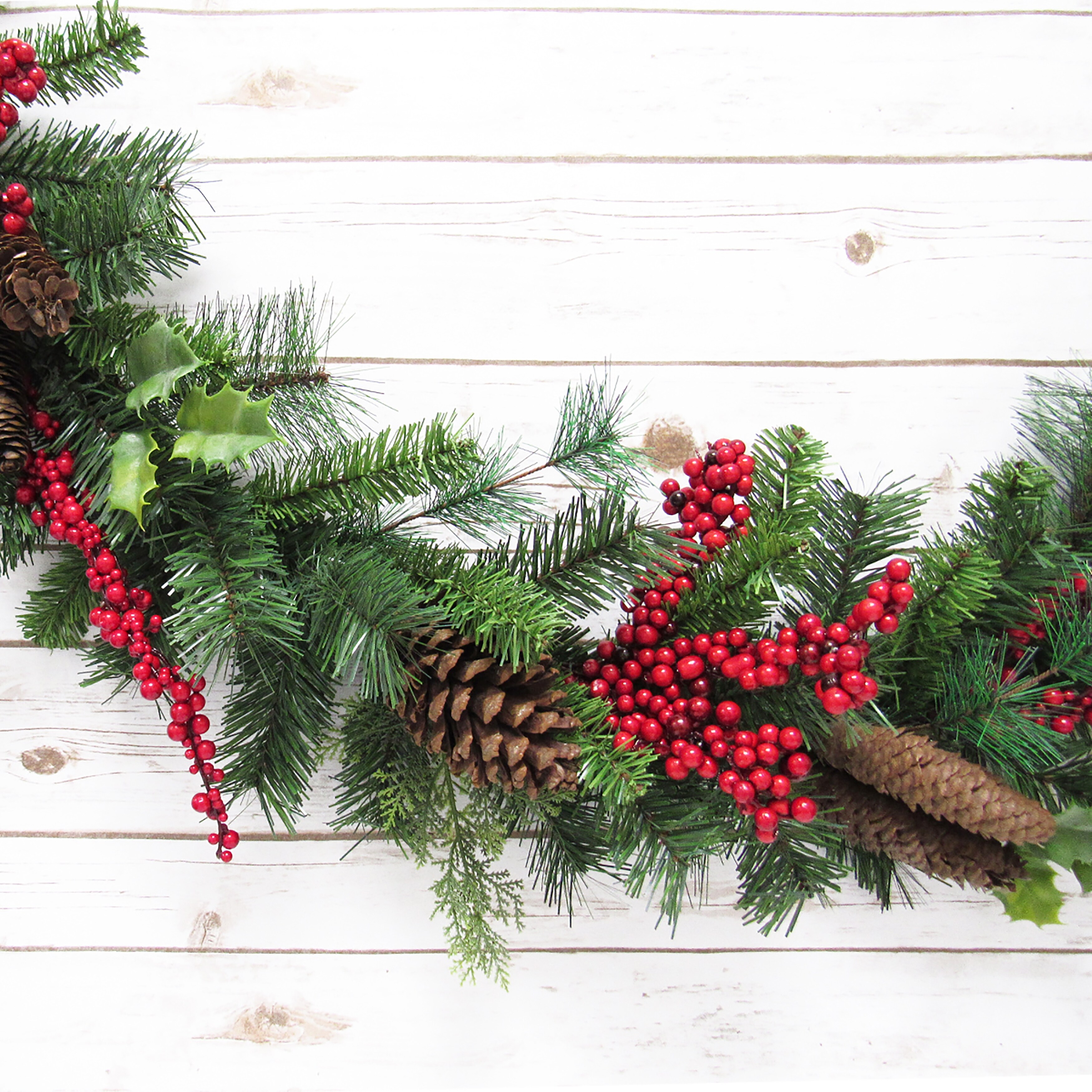 Snowy Artificial Pine Cone Garland with Red Berries Christmas Decor