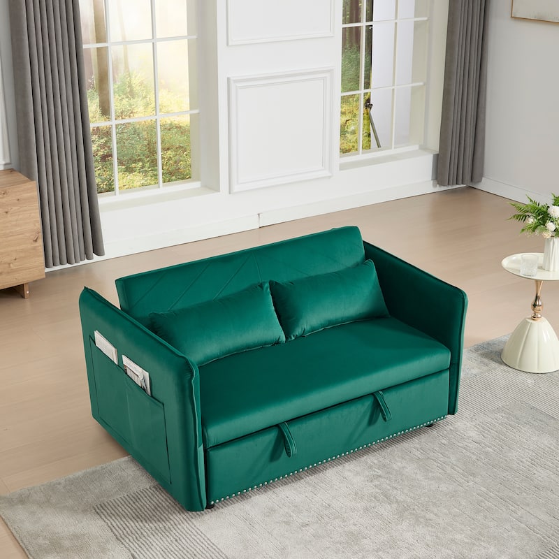Small Convertible Sofa Bed, 55" Velvet Loveseat Couch with Pull-Out Bed, Pillows, Adjustable Backrest & Side Pockets
