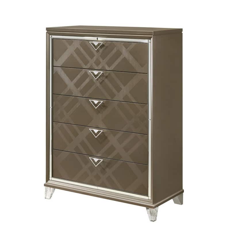 5 Drawer Wooden Chest with Acrylic Legs and Mirror Trim, Taupe Brown
