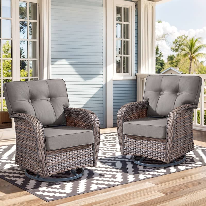 Pocassy Swivel Chair Glider PE Wicker Chair - Brown Wicker & Red Cushion