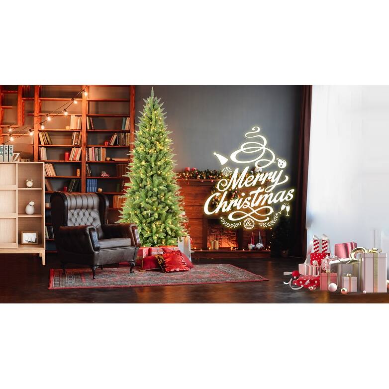 Pre-Lit Slim Artificial Pencil Tree - Warm White LED Lights, PE/PVC Tips, Hinged Design, Metal Stand - Green