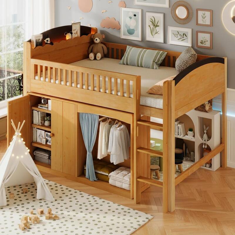 Loft Bed with LED Headboard, Double-Door Cabinet & Integrated Wardrobe by Harper&Bright Designs - Wood - Full