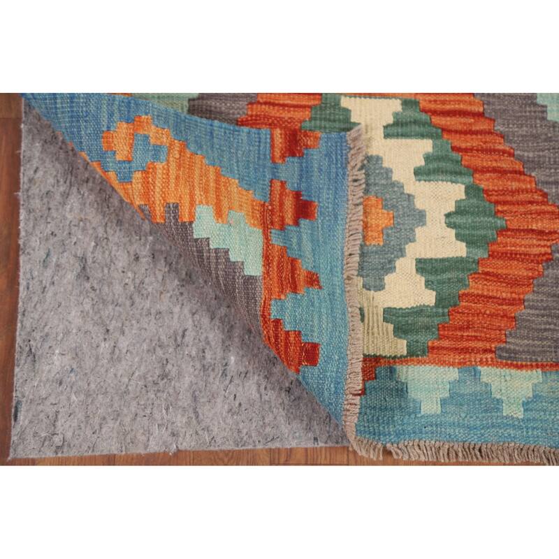 Hand Woven Oriental 100% Wool Carpet Southwestern Geometric Multi-Colored Kilim Runner Rug - 9' 7'' X 2' 8''