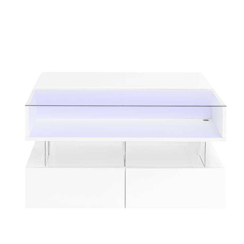 Lift-Top Coffee Table with 2 Drawers, Modern Square Coffee Table with Glass Top and High-Gloss Finish