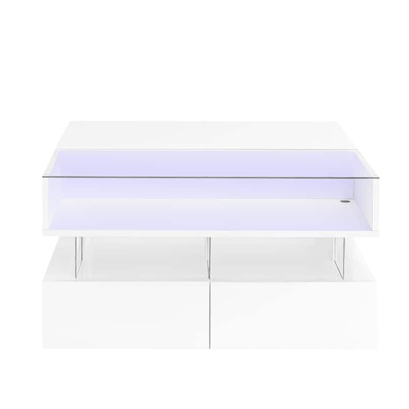 Modern Lift-Top Coffee Table with Tempered Glass Top, End Table Office Table with LED Lighting & Storage Drawers