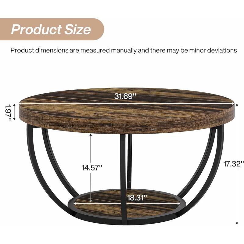 Round 2-Tier Wood Coffee Table with Metal Base for Living Room