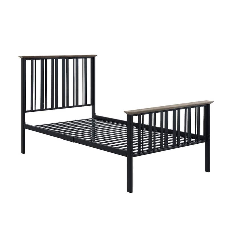 Metal Size Bed in Antique Oak and Black Finish - Twin