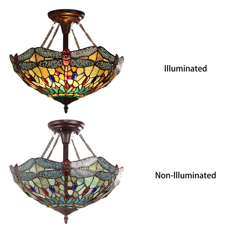 Tiffany-Style Dragonfly Design 2-light Dark Bronze Semi-Flush Mount