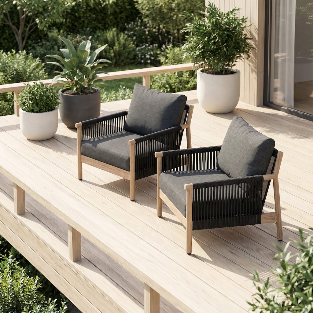 Set of 2 Modern Outdoor Patio Armchairs, Wood-Look Aluminum Frame Patio Chairs with Woven Strap Arms