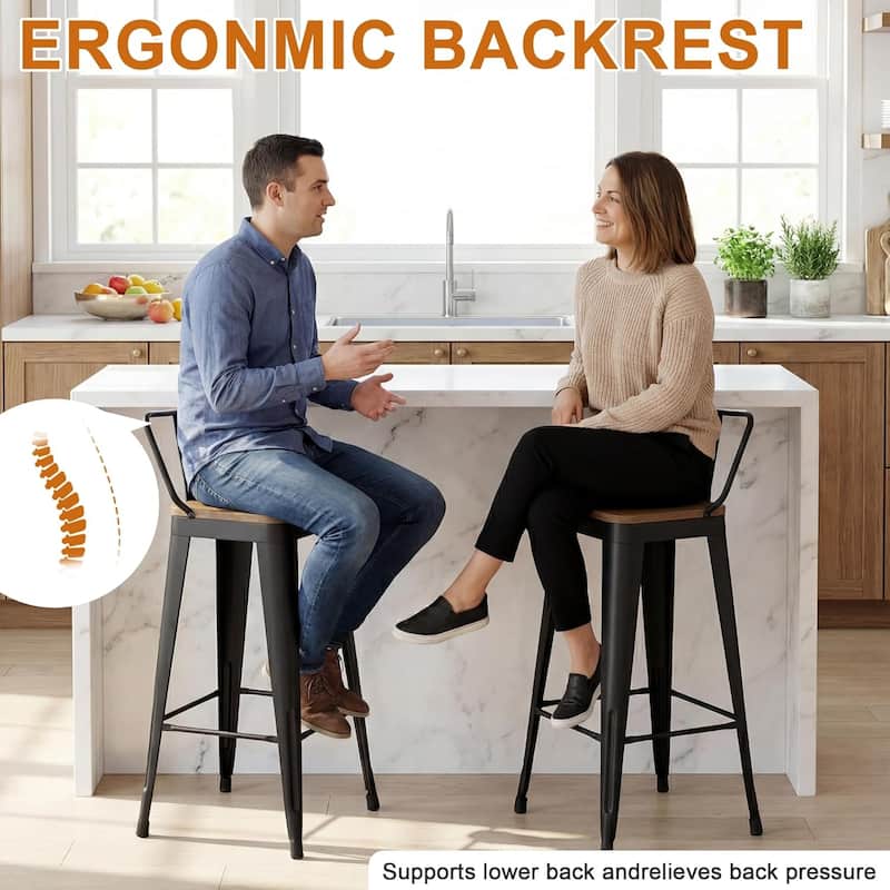 Swivel Counter & Bar Stools with Metal Frame Farmhouse 26" and 30" Seat Height Kitchen Barstools with Low Back and Wooden Seat