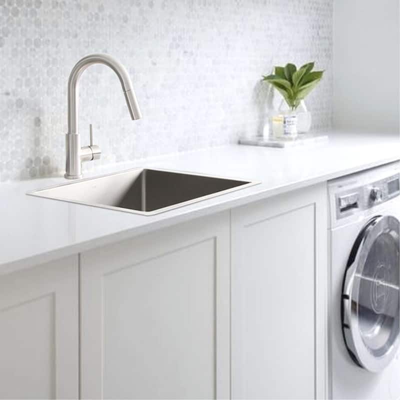 STYLISH 22 inch L x 18 inch W Stainless Steel Single Basin Dual Mount Laundry Sink with Strainer - 22" x 18" x 12"