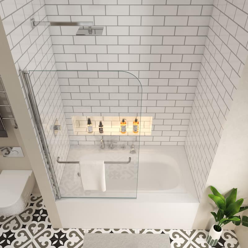 Modland Bathtub Pivot Shower Screen, 180 Swing, 1/4" Tempered Glass & Towel Bar, Chrome/Matte Black - 34x58