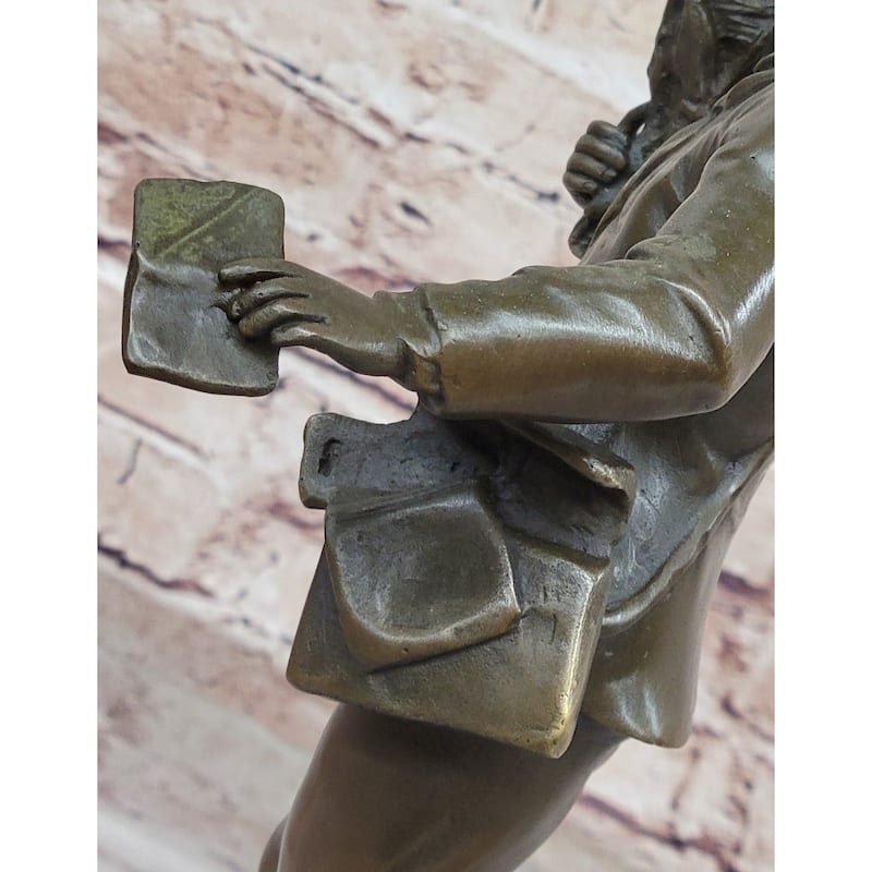 Young School Boy Carrying Supplies - 19Th Century Reproduction Sculpture After Bruchon
