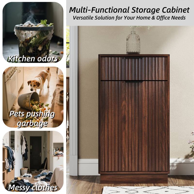 10-Gallon Woodgrain Tilt-Out Trash Can Cabinet with Wave-Textured Drawer & Pull-Out Bin - Multipurpose Kitchen/Bath Organizer