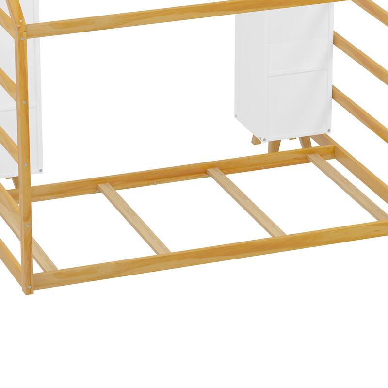 Wooden Twin Size House Bed with 2 Movable Wardrobes, Solid Pine Kids Floor Bed Frame with Fence and Roof, No Box Spring Needed