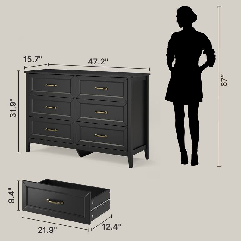 43.3" W 6 Drawer Dresser, Wood Storage Closet Dressers Chest of Drawers for Bedroom