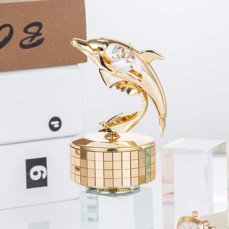 Matashi Decorative Tabletop Showpiece 24K Gold Plated Music Box plays -" You Are my Sunshine" w Dolphin Figurine