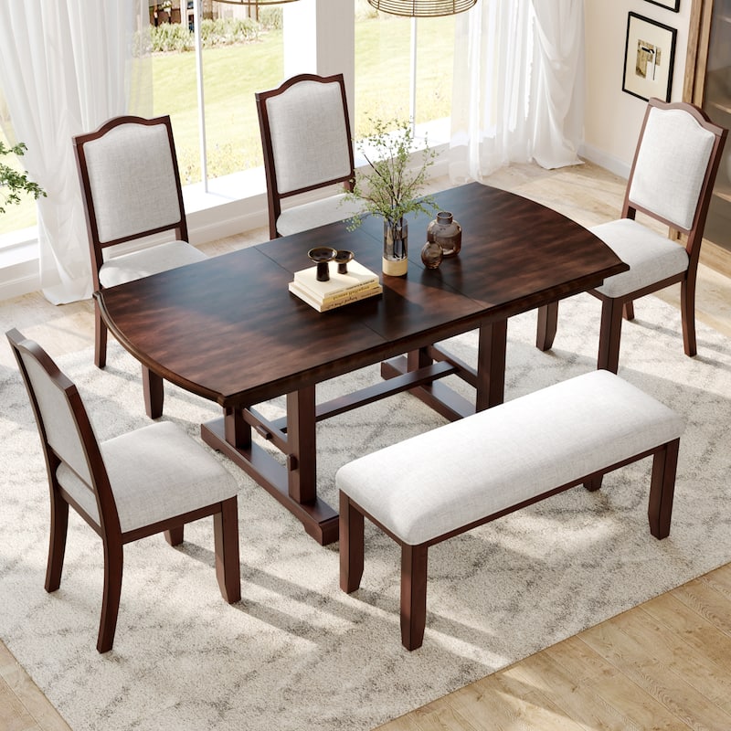 Classic 6-Piece Extendable Dining Table Set Includes 4 Dining Chairs and Bench for Family Gatherings - Cherry
