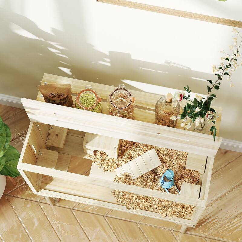 PawHut Wooden Hamster Cage with Legs, Gerbil Cage with Seesaw, Hut, Water Bottle & Food Dish, Nature Wood