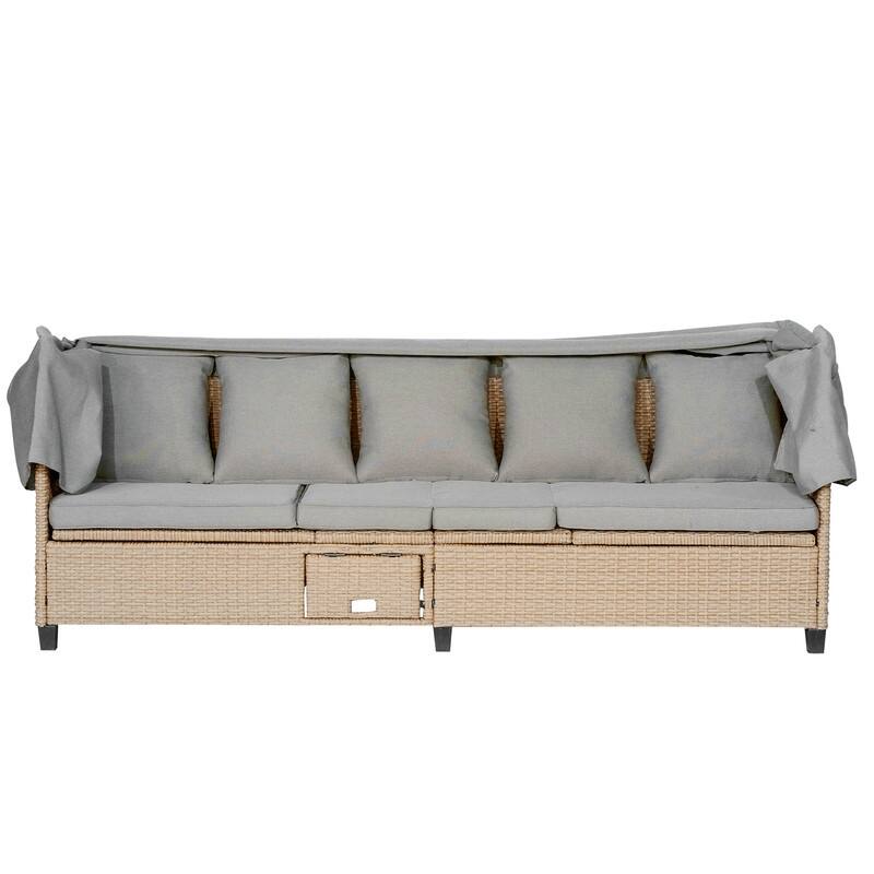 4 Piece UV-Proof Resin Wicker Patio Sofa Set with Retractable Canopy,Lifting Table