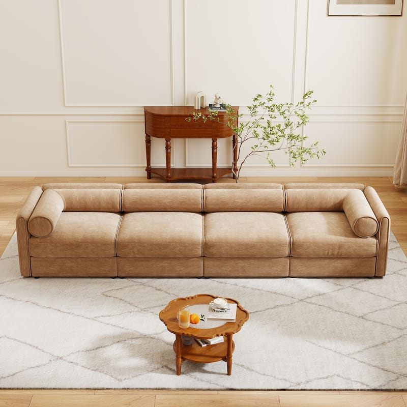 142.5" Oversized Modular Chenille Sectional Sofa with Storage Seat, Modern Upholstered Couch with Cylindrical Backrest, Armrests