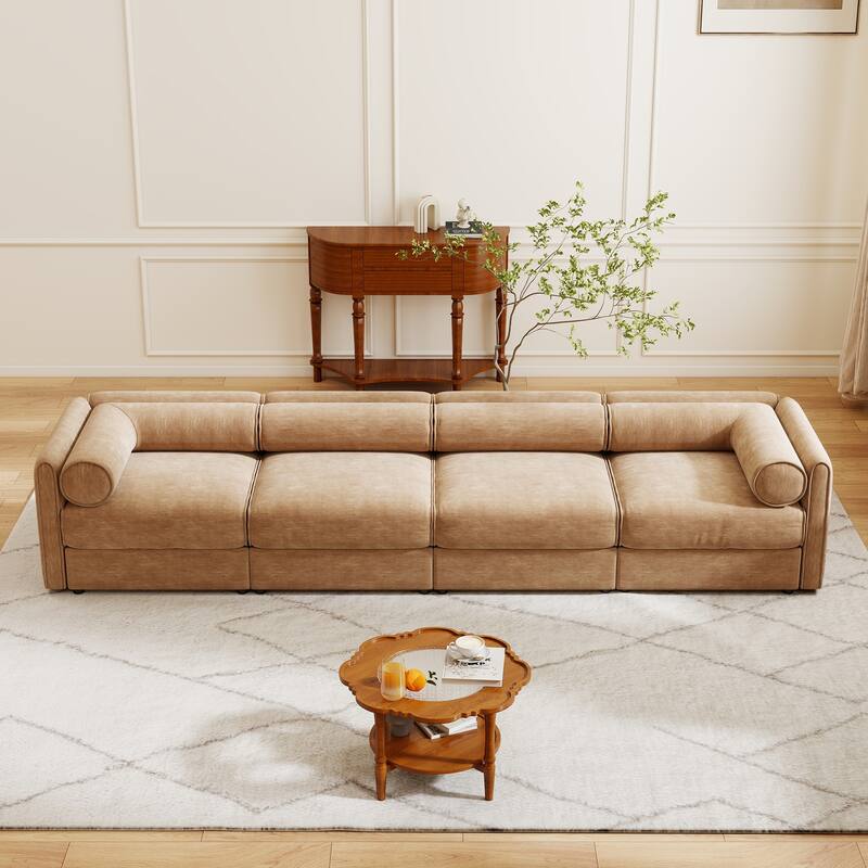 Modern Chenille 6-Seater Sofa with Ottoman Storage, Hidden Storage, Cylindrical Cushioned Arms and Backrest