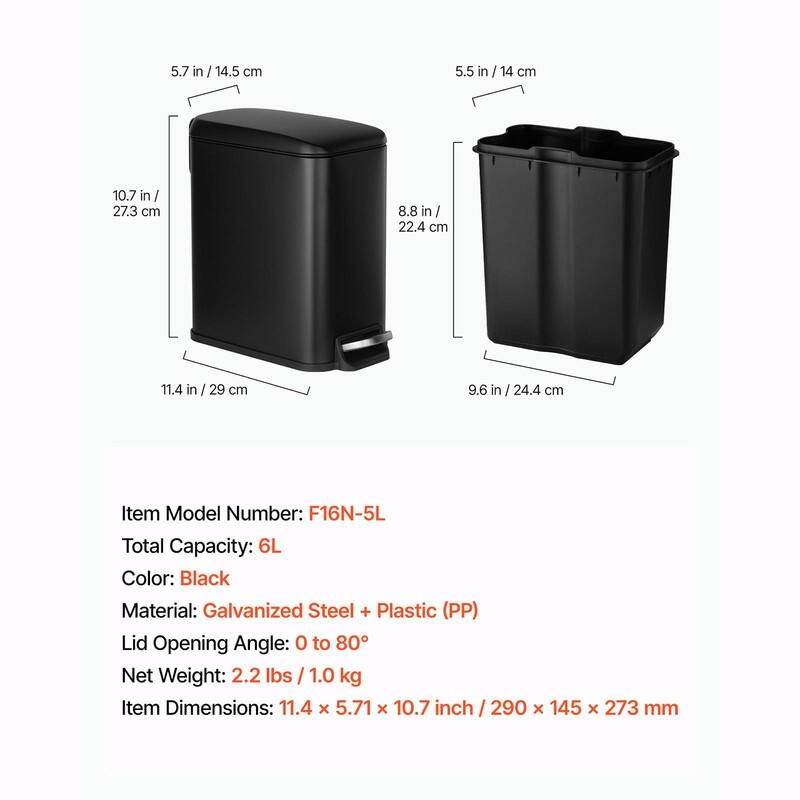 6L Slim Trash Can with Step Pedal, Soft-Close Lid, and Removable Inner Bin