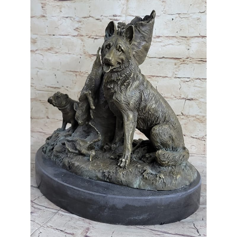 Hunting Dogs English Bulldog Shepherd Bronze Sculpture Figurine Marble Base Deco