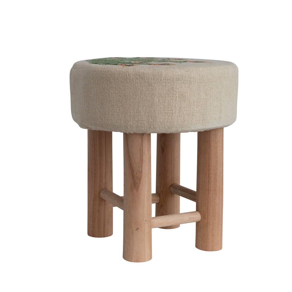 Cotton Upholstered Stool with Floral Embroidery and Oak Wood Legs