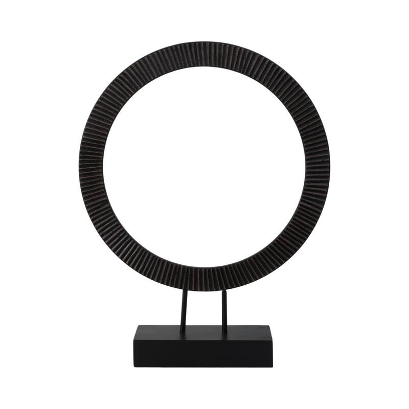 Wood and Iron Ring Sculpture on Base with Modern Grooved Texture