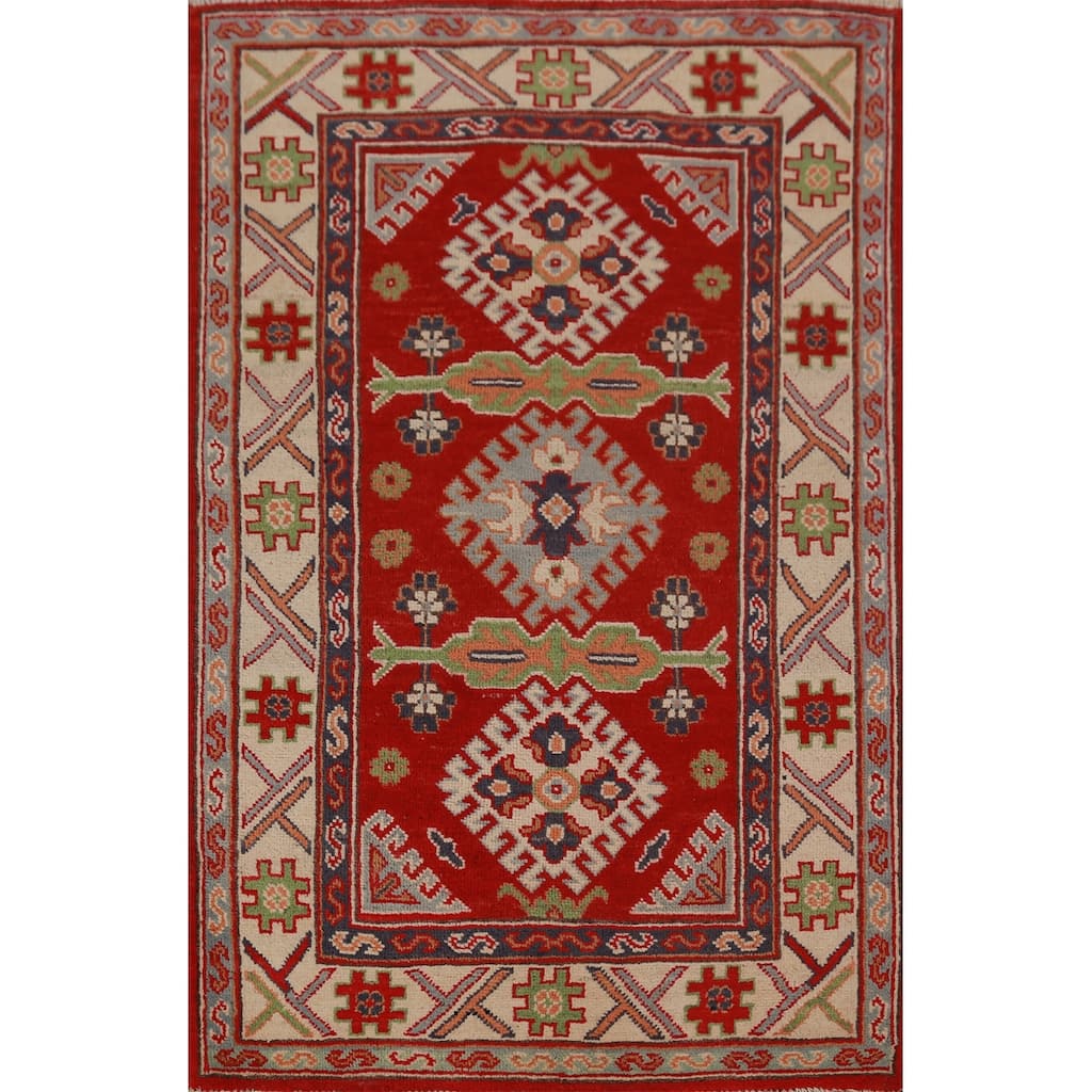 Red Kazak Foyer Rug Red Handmade Traditional Wool Carpet - 2'8"x 4'0"