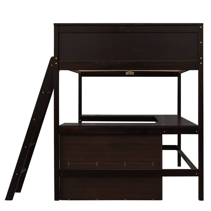 Gray Full Loft Bed with Built-In Desk and Shelves, Sturdy Pine Wood Frame