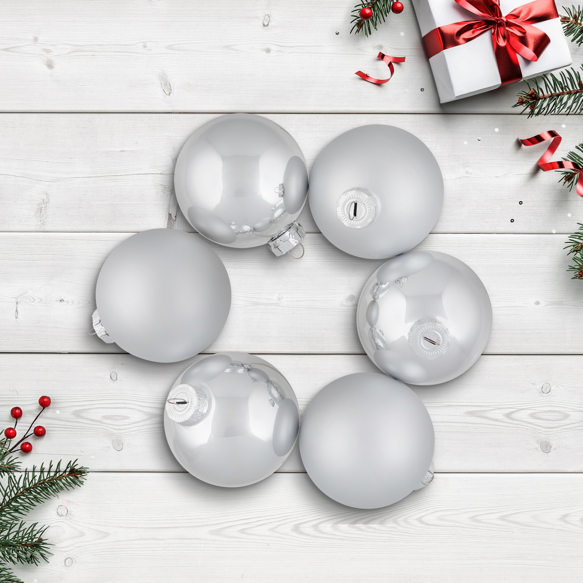 6ct Silver Shiny and Matte Christmas Ball Ornaments 3.25" (80mm)