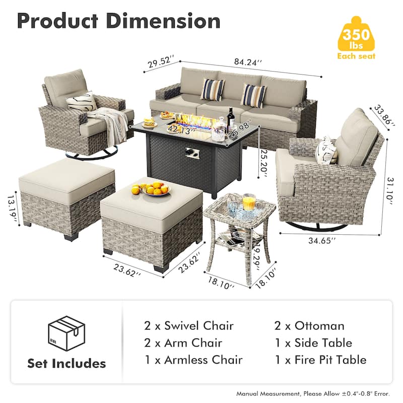 OVIOS 9 Pieces T shaped Seat Wide Armrest Swivel Chair Set With Fire Pit