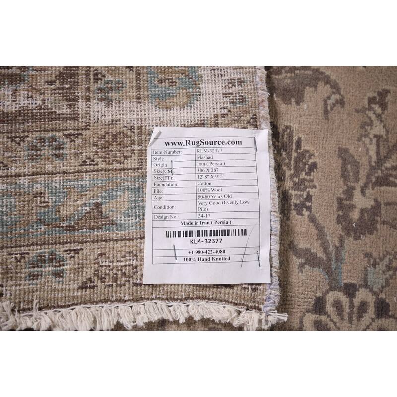 Traditional Mashad Persian Vintage Area Rug Handmade Beige Wool Carpet - 9'5"x 12'8"