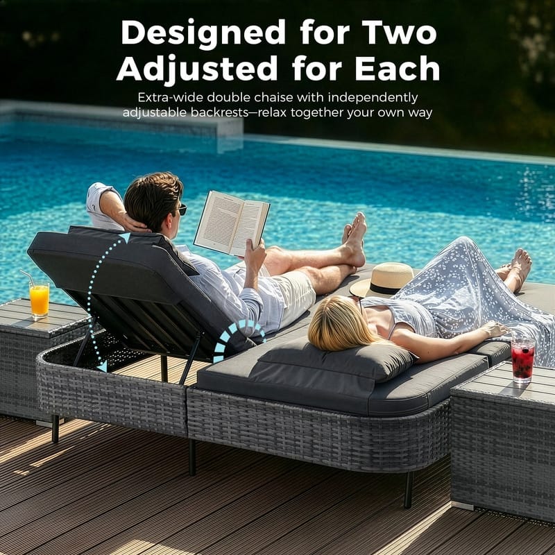 Outdoor Sectional Conversation Set PE Wicker with Double Chaise Lounge, 60,000 BTU Fire Pit Table