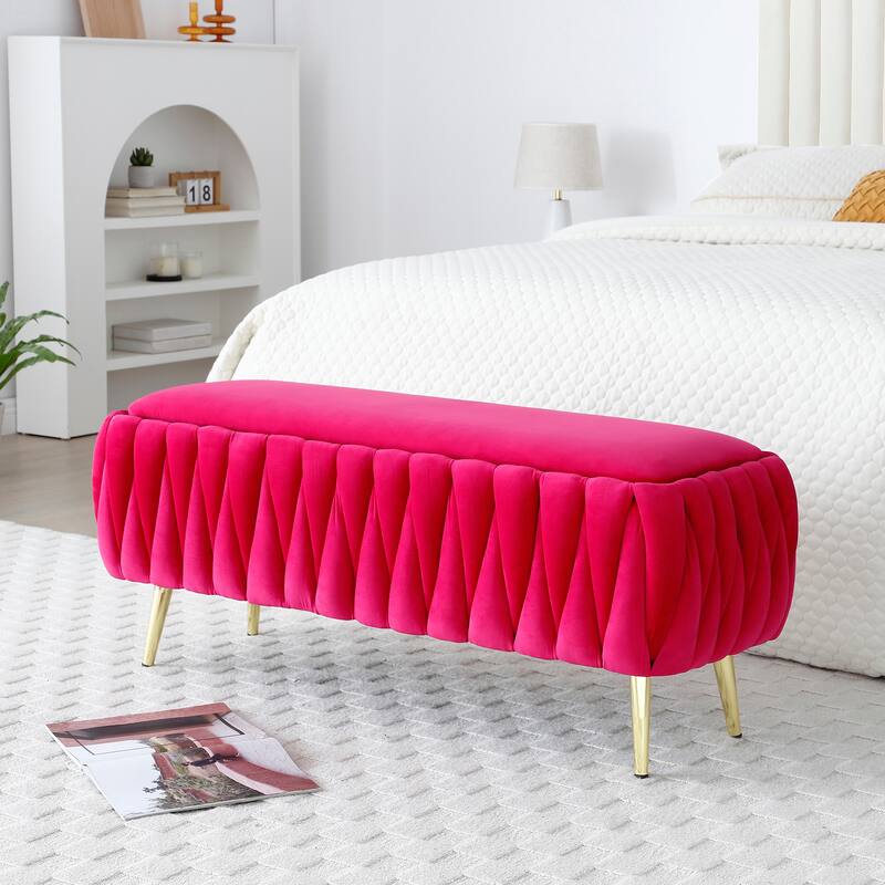 Oval Storage Bench with Gold Legs,Velvet Fabric Upholstered Ottoman Storage Benches for Bedroom End of Bed,Sherpa Fabric Bench
