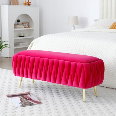 Oval Storage Bench with Gold Legs,Velvet Fabric Upholstered Ottoman Storage Benches for Bedroom End of Bed,Sherpa Fabric Bench