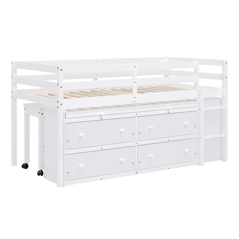 Loft Bed with Retractable Writing Desk and 4 Drawers, Wooden Loft Bed with Lateral Portable Desk and Shelves