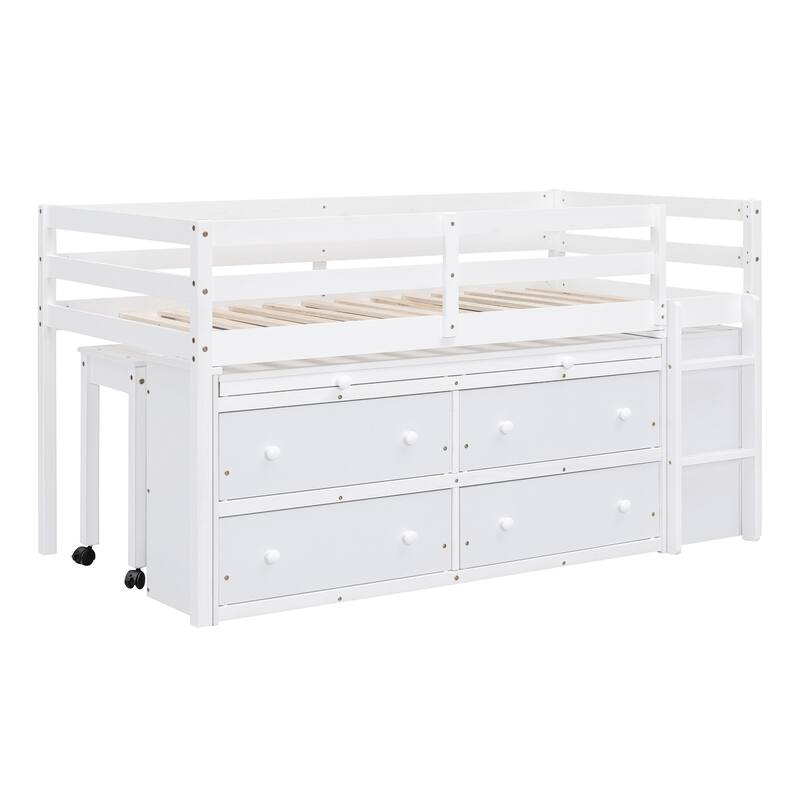 Twin Size Loft Bed with Retractable Writing Desk and 4 Drawers, Wooden Loft Bed with Lateral Portable Desk and Shelves