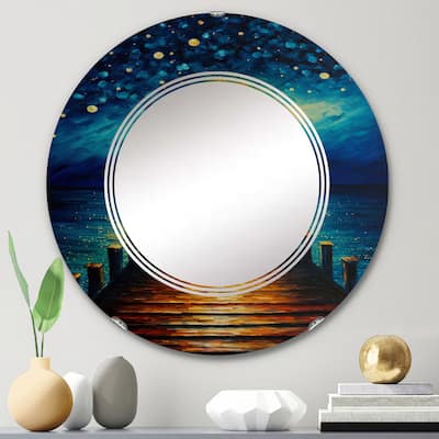 Designart 'Light At The End Of The Pier During Stormy Night II' Printed Landscape Cottage Lake Mountains Wall Mirror