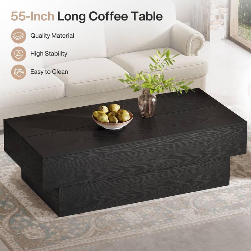 Modern Black Coffee Table, 55-Inch Rectangle Wooden Tea Table
