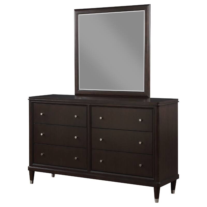 Amber Wide Dresser with Mirror, 6 Drawers, Brown Wood, Silver Knobs